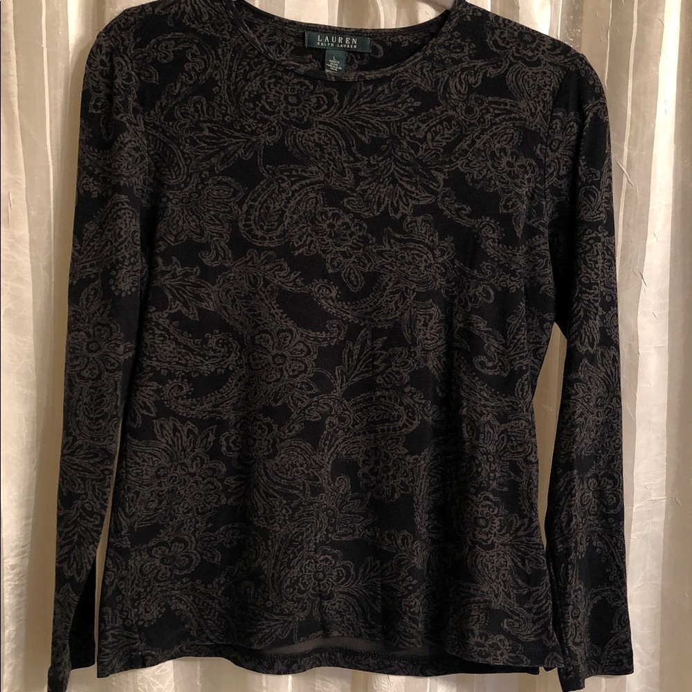 Ralph Lauren Black and Gray Paisley Long Sleeve Cotton Top
